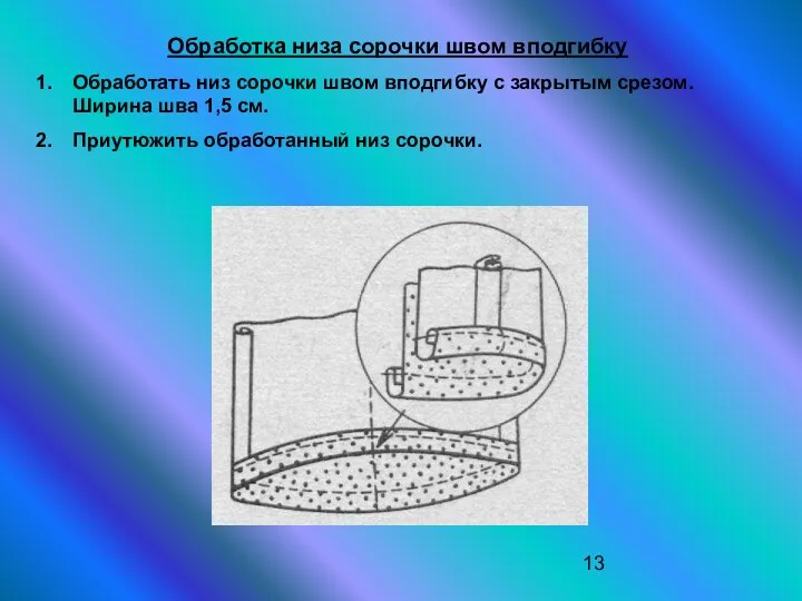 Обработка низа сорочки швом вподгибку Обработать низ сорочки швом вподгибку