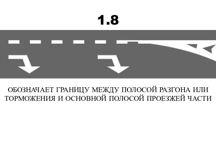 1.8 ОБОЗНАЧАЕТ ГРАНИЦУ МЕЖДУ ПОЛОСОЙ РАЗГОНА ИЛИ ТОРМОЖЕНИЯ И ОСНОВНОЙ ПОЛОСОЙ ПРОЕЗЖЕЙ ЧАСТИ