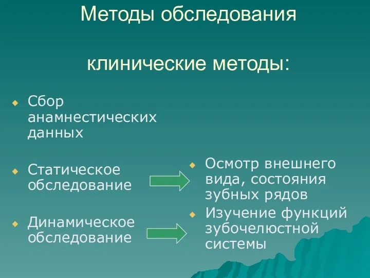 Методы обследования клинические методы: Сбор анамнестических данных Статическое обследование Динамическое