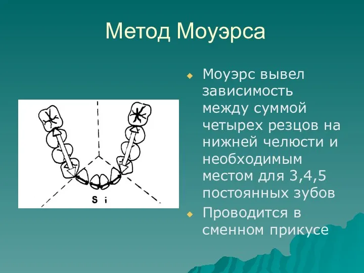 Метод Моуэрса Моуэрс вывел зависимость между суммой четырех резцов на