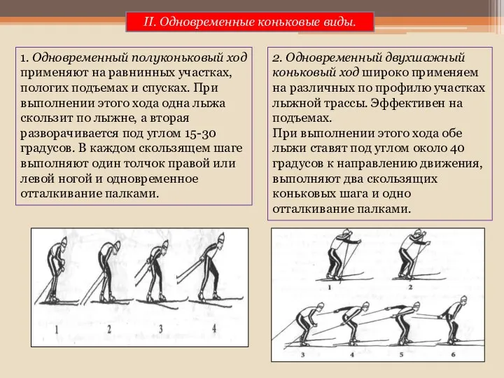 II. Одновременные коньковые виды. 1. Одновременный полуконьковый ход применяют на