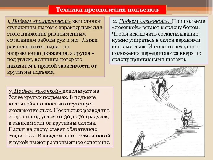 1. Подъем «полуелочкой» выполняют ступающим шагом с характерным для этого