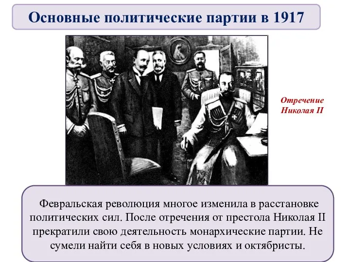 Февральская революция многое изменила в расстановке политических сил. После отречения