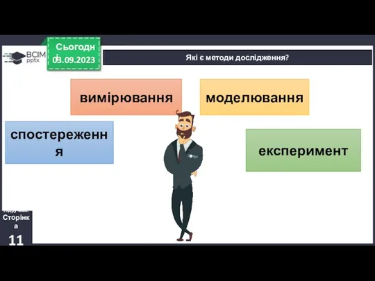 03.09.2023 Сьогодні Які є методи дослідження? Підручник. Сторінка 11 спостереження вимірювання моделювання експеримент