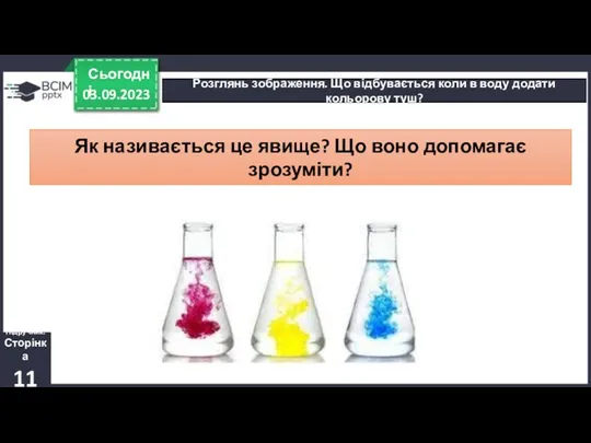 03.09.2023 Сьогодні Розглянь зображення. Що відбувається коли в воду додати