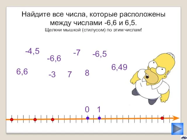 -3 Найдите все числа, которые расположены между числами -6,6 и 6,5. Щелкни мышкой