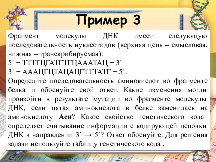 Пример 3 Фрагмент молекулы ДНК имеет следующую последовательность нуклеотидов (верхняя