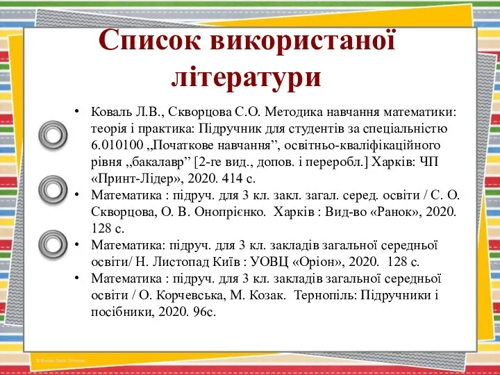 Список використаної літератури Коваль Л.В., Скворцова С.О. Методика навчання математики: