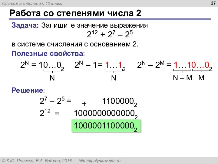 Работа со степенями числа 2 Задача: Запишите значение выражения 212