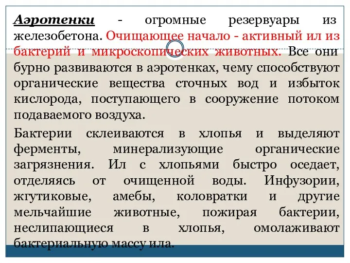 Аэротенки - огромные резервуары из железобетона. Очищающее начало - активный ил из бактерий