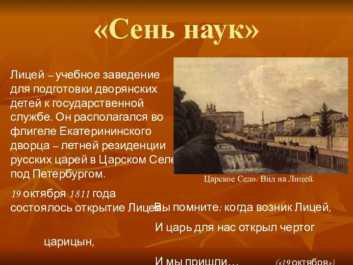 «Сень наук» Лицей – учебное заведение для подготовки дворянских детей