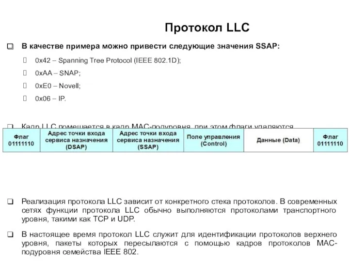 Протокол LLC В качестве примера можно привести следующие значения SSAP: