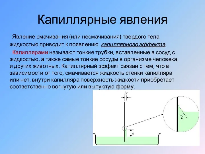 Капиллярные явления Явление смачивания (или несмачивания) твердого тела жидкостью приводит