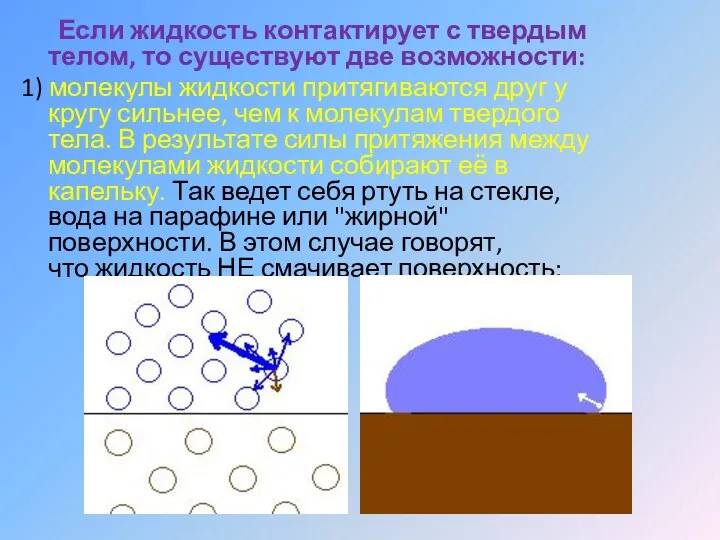 Если жидкость контактирует с твердым телом, то существуют две возможности: