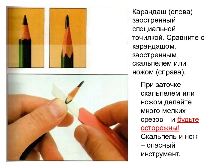 Карандаш (слева) заостренный специальной точилкой. Сравните с карандашом, заостренным скальпелем или ножом (справа).