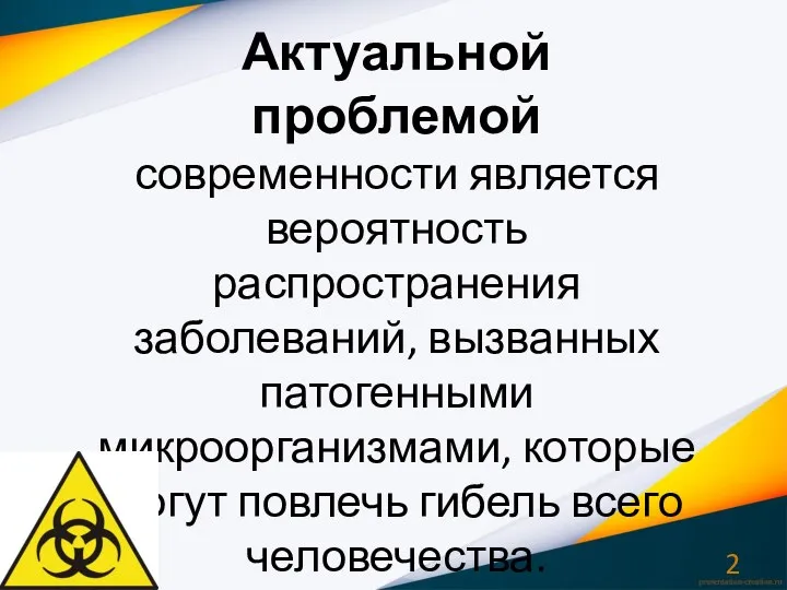 Актуальной проблемой современности является вероятность распространения заболеваний, вызванных патогенными микроорганизмами, которые могут повлечь гибель всего человечества.