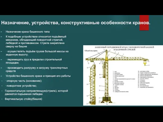 Назначение, устройства, конструктивные особенности кранов. Назначение крана башенного типа К