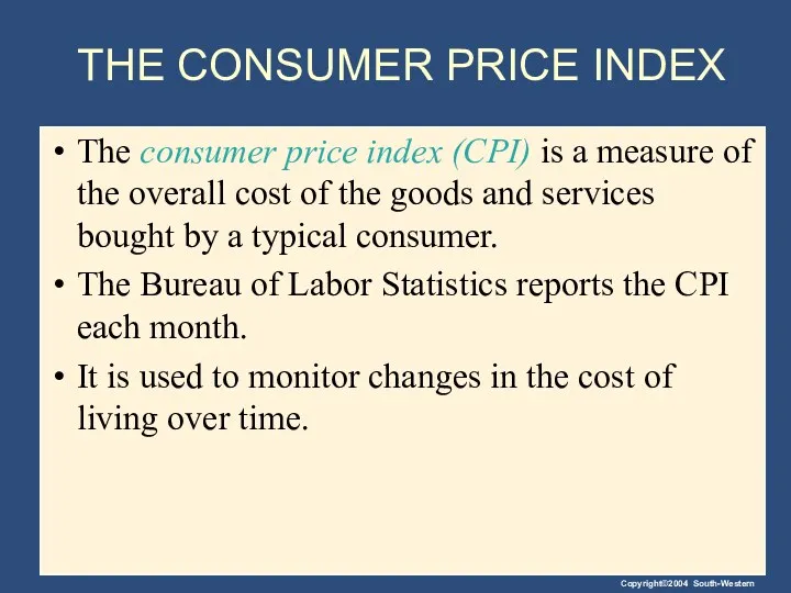 THE CONSUMER PRICE INDEX The consumer price index (CPI) is