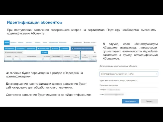 Идентификация абонентов При поступлении заявления содержащего запрос на сертификат, Партнеру