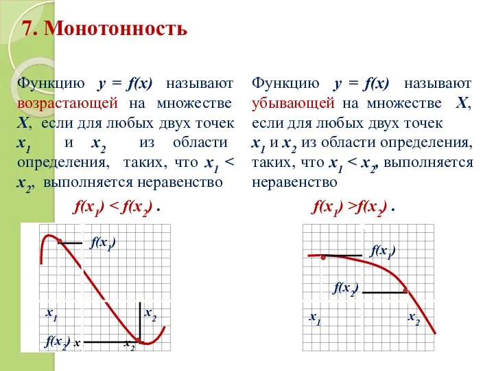 7. Монотонность Функцию у = f(х) называют возрастающей на множестве