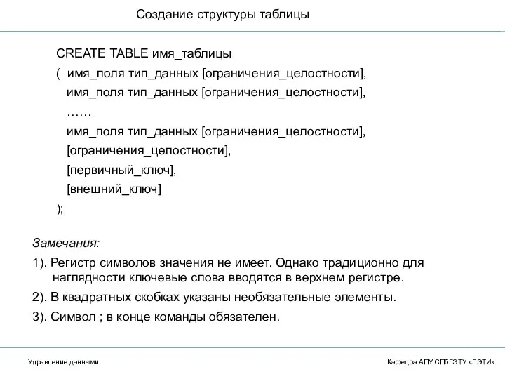 CREATE TABLE имя_таблицы ( имя_поля тип_данных [ограничения_целостности], имя_поля тип_данных [ограничения_целостности],