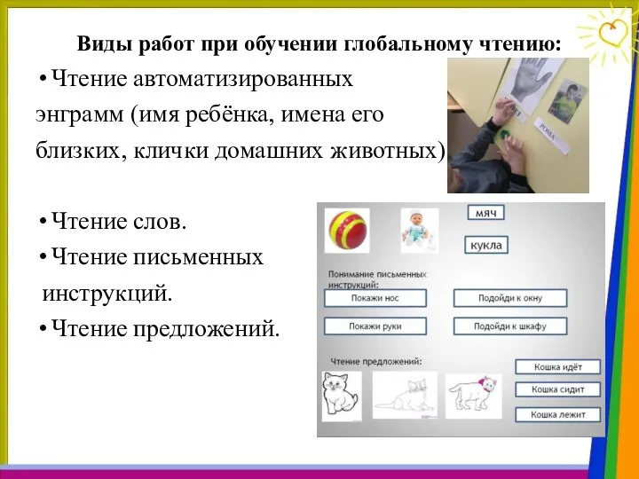 Виды работ при обучении глобальному чтению: Чтение автоматизированных энграмм (имя