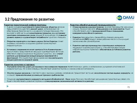 3.2 Предложения по развитию Развитие туристической инфраструктуры: В целях улучшения