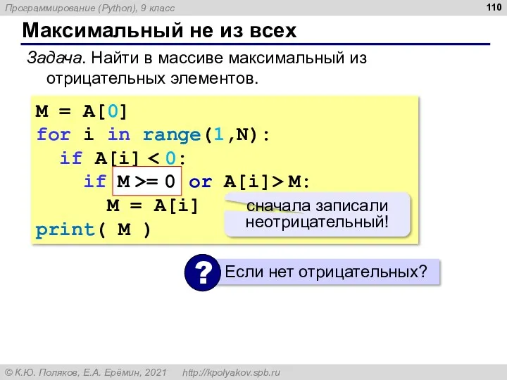 Максимальный не из всех Задача. Найти в массиве максимальный из