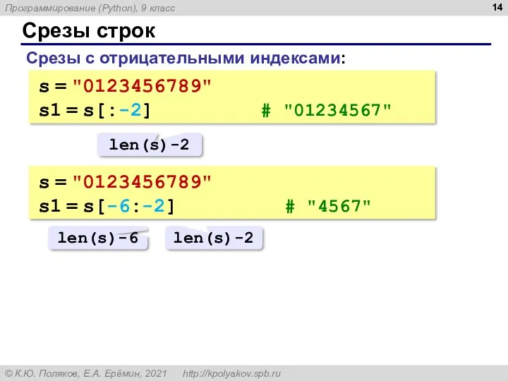 Срезы строк Срезы с отрицательными индексами: s = "0123456789" s1