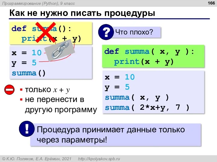 Как не нужно писать процедуры def summa(): print(x + y)