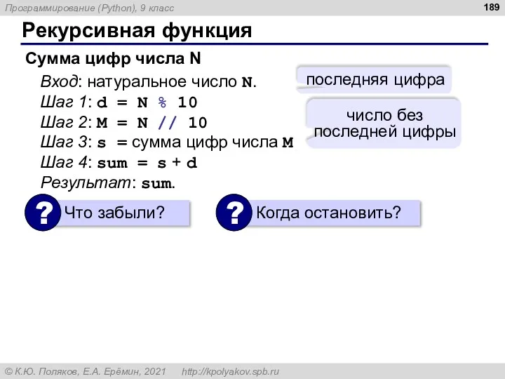 Рекурсивная функция Вход: натуральное число N. Шаг 1: d =