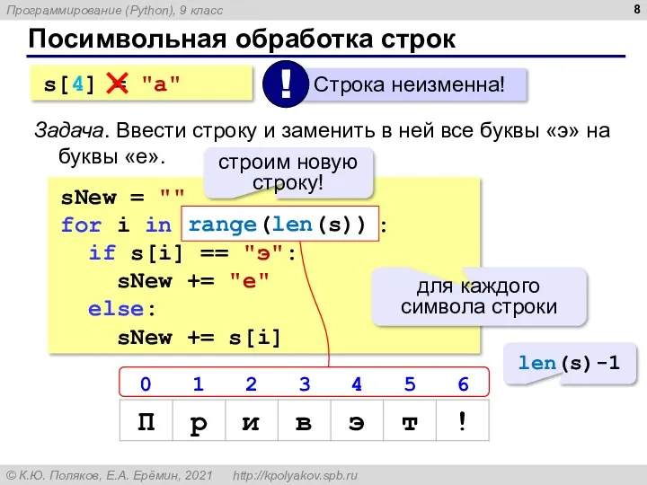 Посимвольная обработка строк s[4] = "a" Задача. Ввести строку и