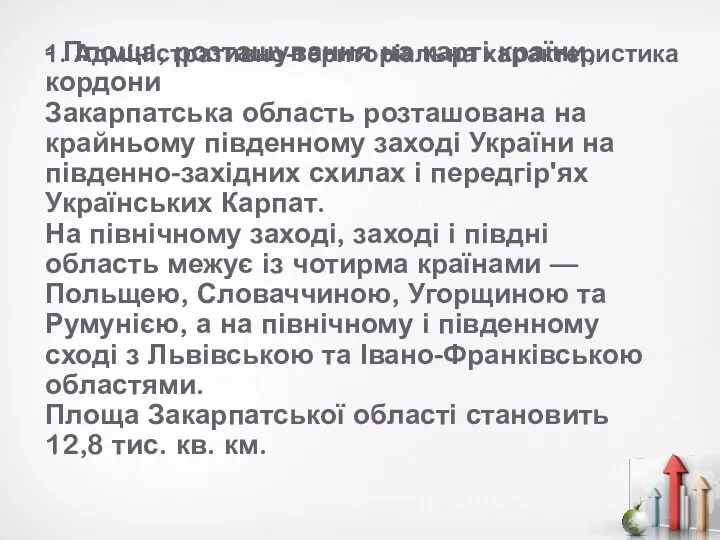 1. Адміністративно-територіальна характеристика - Площа, розташування на карті країни, кордони