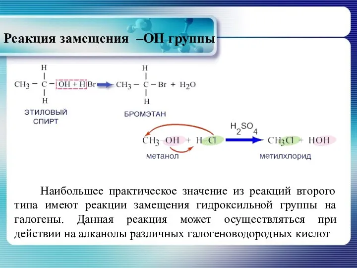 Реакция замещения –ОН группы Наибольшее практическое значение из реакций второго