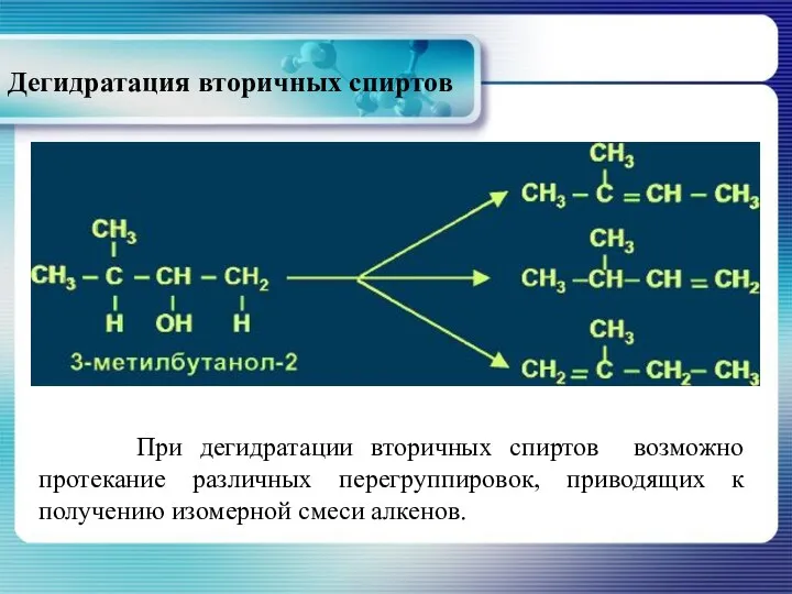 Дегидратация вторичных спиртов При дегидратации вторичных спиртов возможно протекание различных