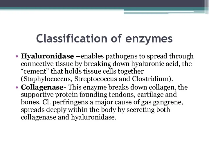 Classification of enzymes Hyaluronidase –enables pathogens to spread through connective