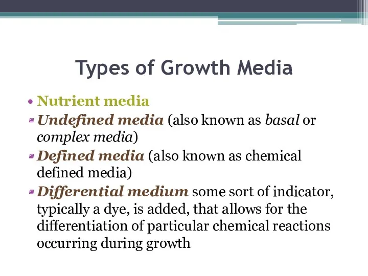 Types of Growth Media Nutrient media Undefined media (also known