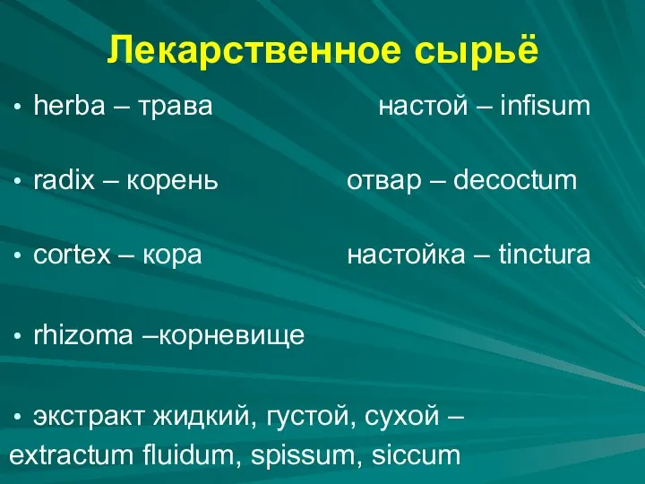 Лекарственное сырьё herba – трава настой – infisum radix –