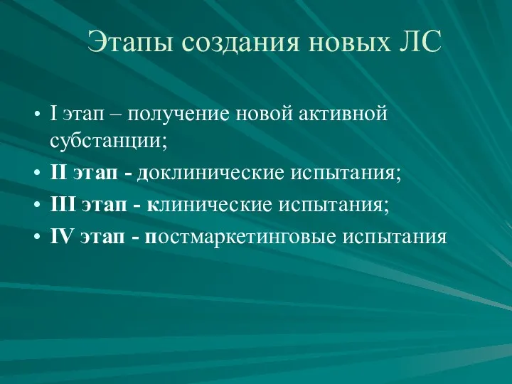 Этапы создания новых ЛС I этап – получение новой активной