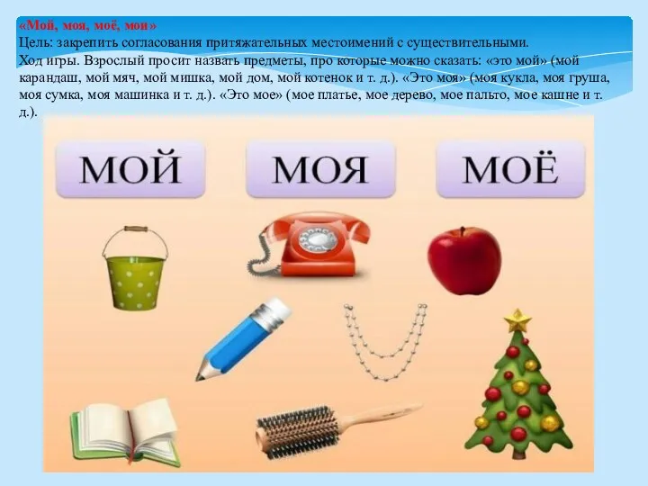 «Мой, моя, моё, мои» Цель: закрепить согласования притяжательных местоимений с