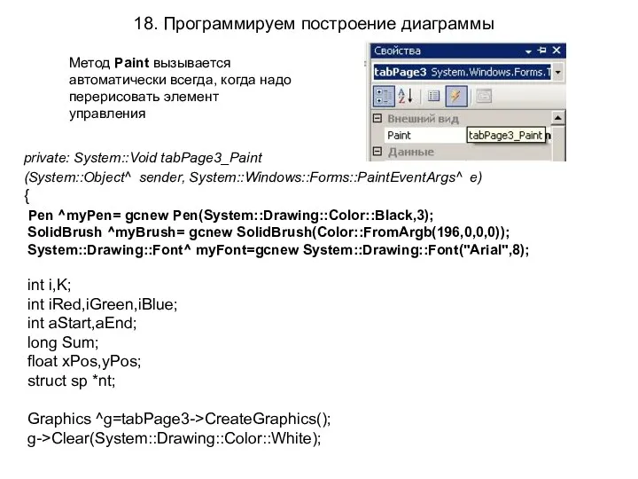 18. Программируем построение диаграммы private: System::Void tabPage3_Paint (System::Object^ sender, System::Windows::Forms::PaintEventArgs^