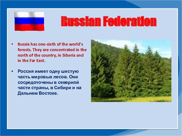 Russian Federation Russia has one-sixth of the world's forests. They