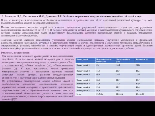 1. Батищева Л.Д., Евстигнеева М.И., Деньгова Л.Е. Особенности развития координационных способностей детей с