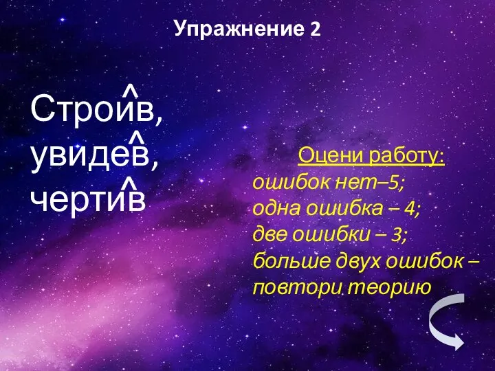 Строив, увидев, чертив Упражнение 2 Оцени работу: ошибок нет–5; одна