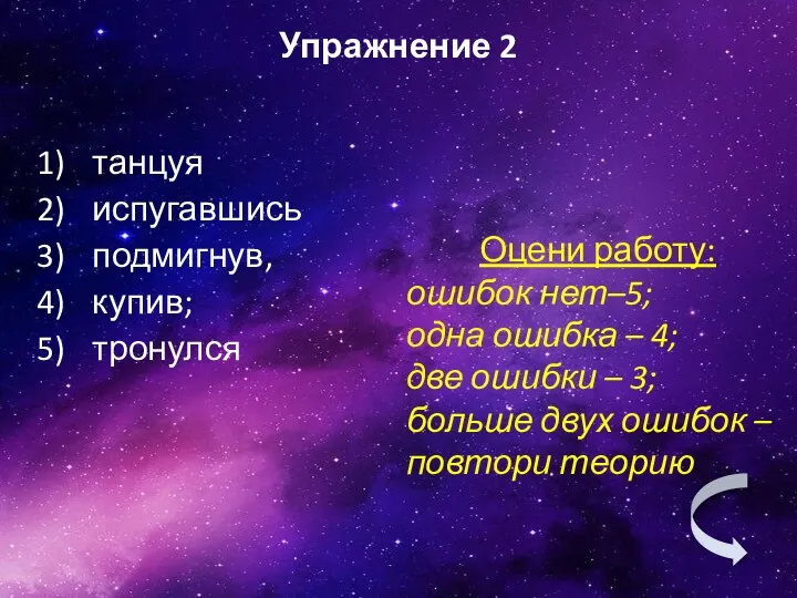 танцуя испугавшись подмигнув, купив; тронулся Упражнение 2 Оцени работу: ошибок