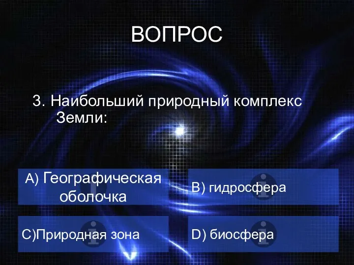 ВОПРОС 3. Наибольший природный комплекс Земли: A) Географическая оболочка B) гидросфера C)Природная зона D) биосфера