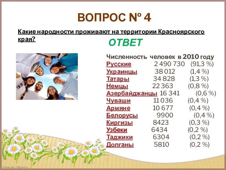 ВОПРОС № 4 Численность человек в 2010 году Русские 2 490 730 (91,3