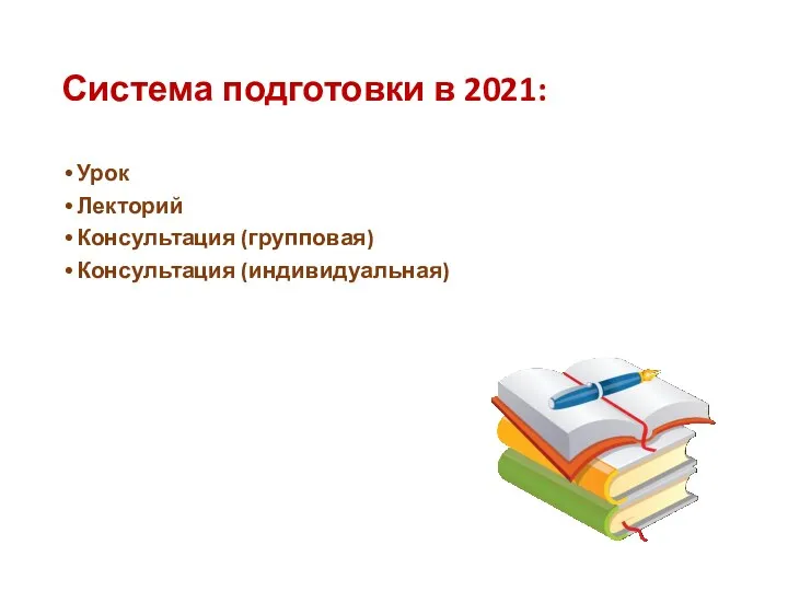 Система подготовки в 2021: Урок Лекторий Консультация (групповая) Консультация (индивидуальная)