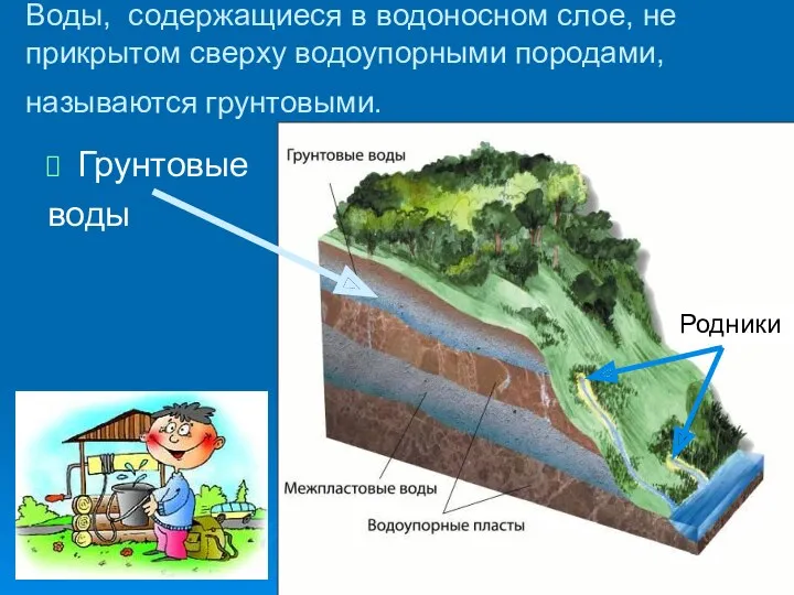 Воды, содержащиеся в водоносном слое, не прикрытом сверху водоупорными породами, называются грунтовыми. Грунтовые воды Родники