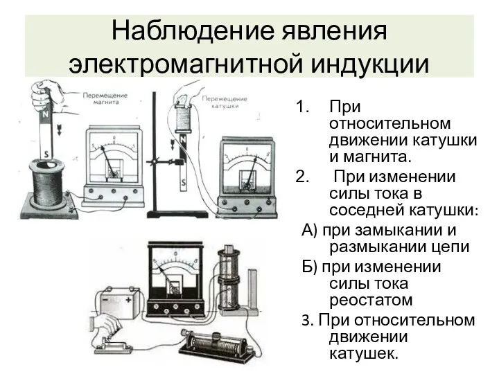 Наблюдение явления электромагнитной индукции При относительном движении катушки и магнита.